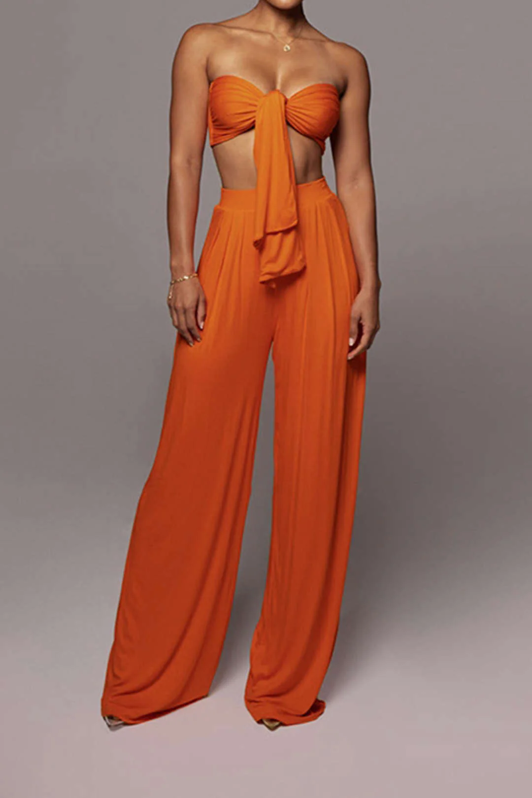 Tie Knot Front Ruched Tube Top and Pleated Wide-Leg Pants Set