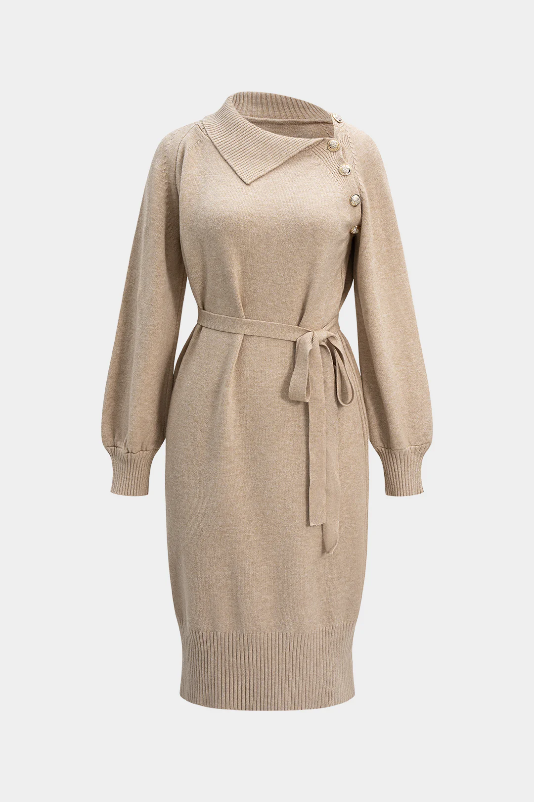 Knit Asymmetrical Button Tie-Up Long Sleeve Dress
