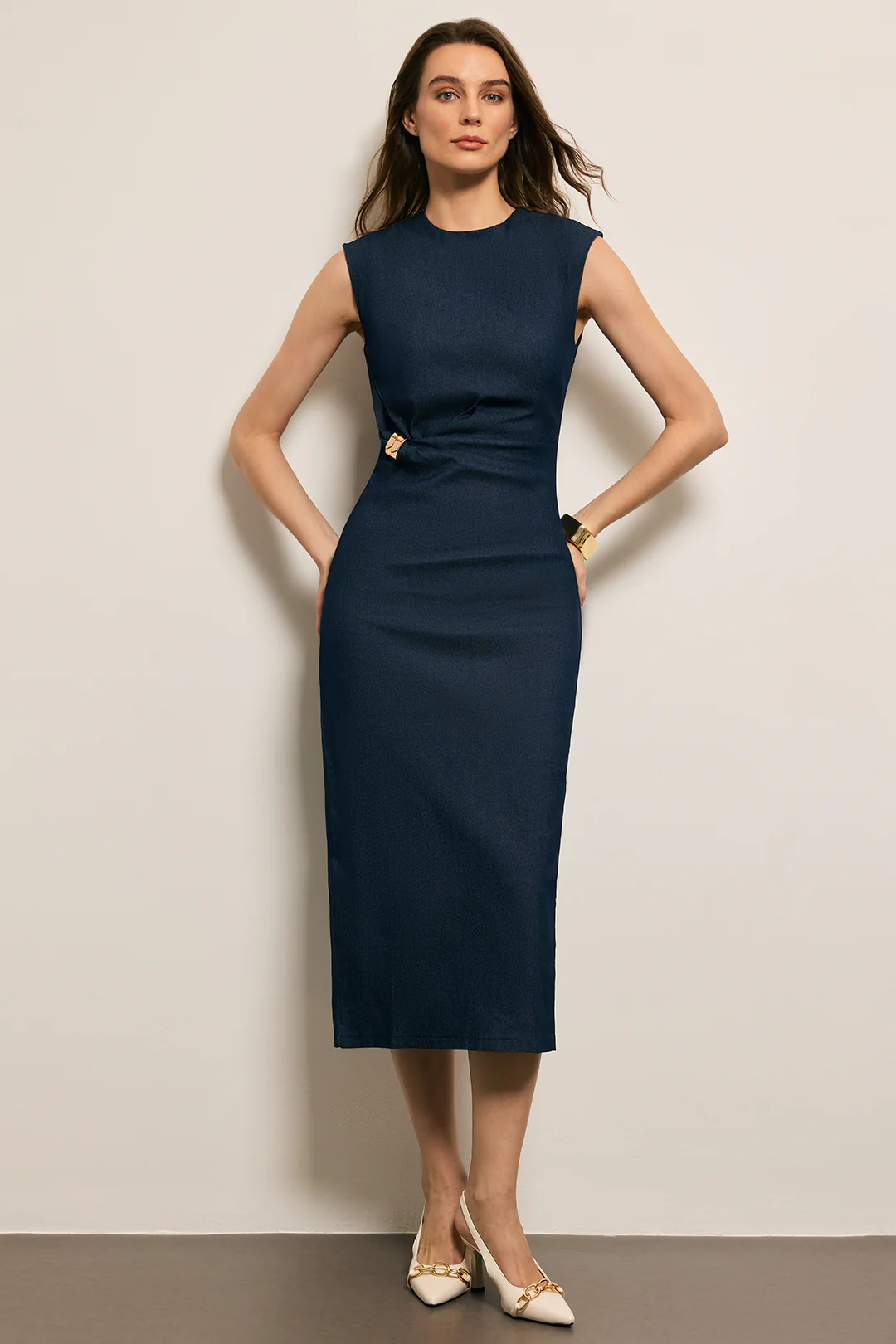 Metallic Decor Ruched Denim Sleeveless Tank Dress