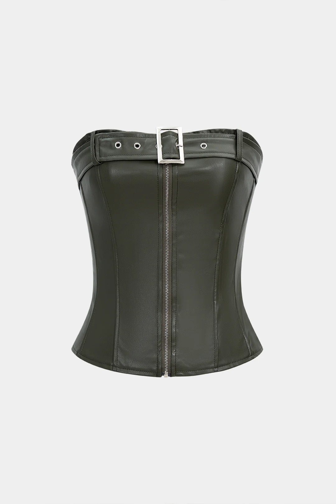 Faux Leather Smocked Strapless Belted Zipper Tube Top