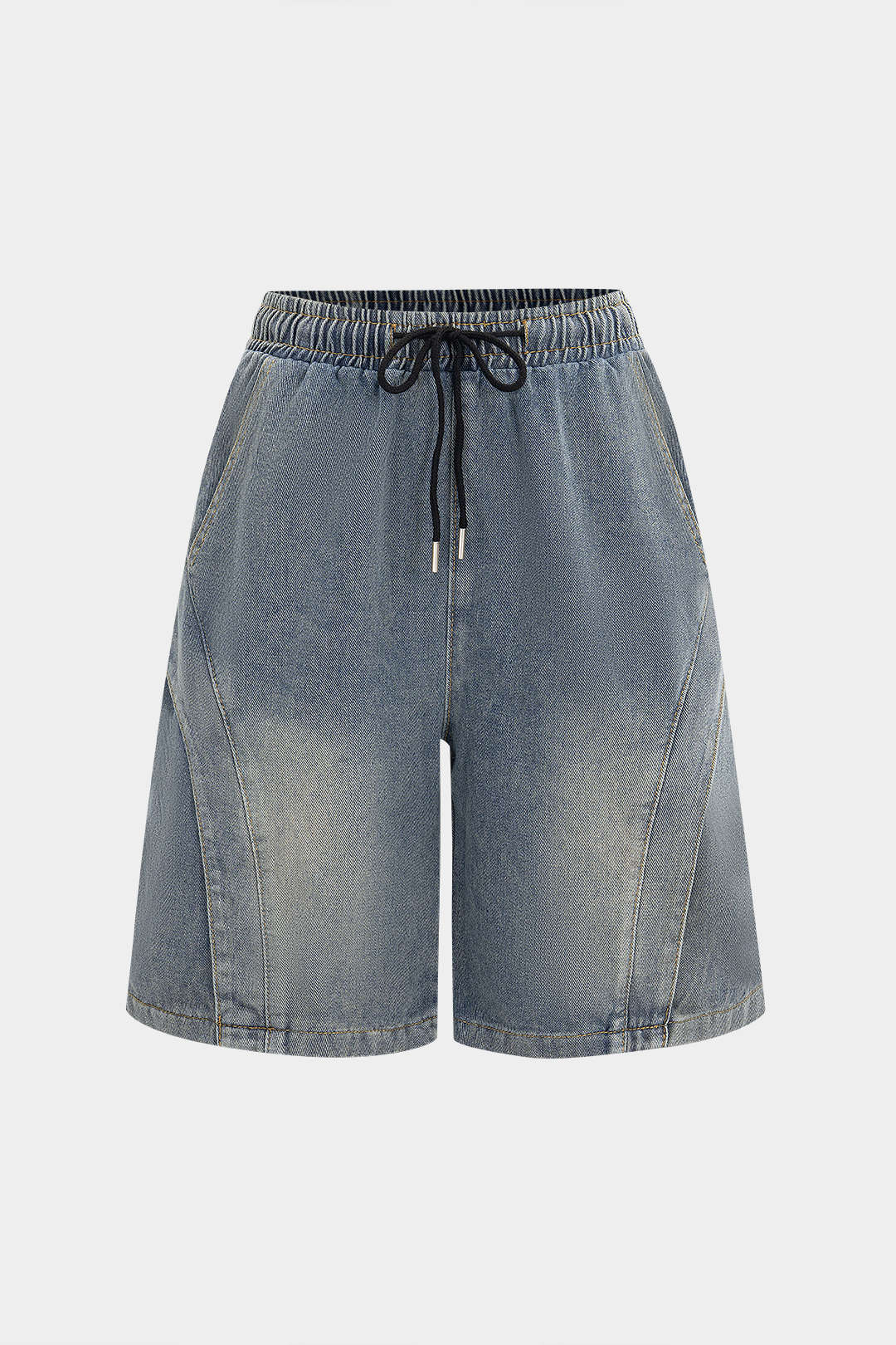 Washed Denim Shirred Waistband Tie-Up Short Jeans