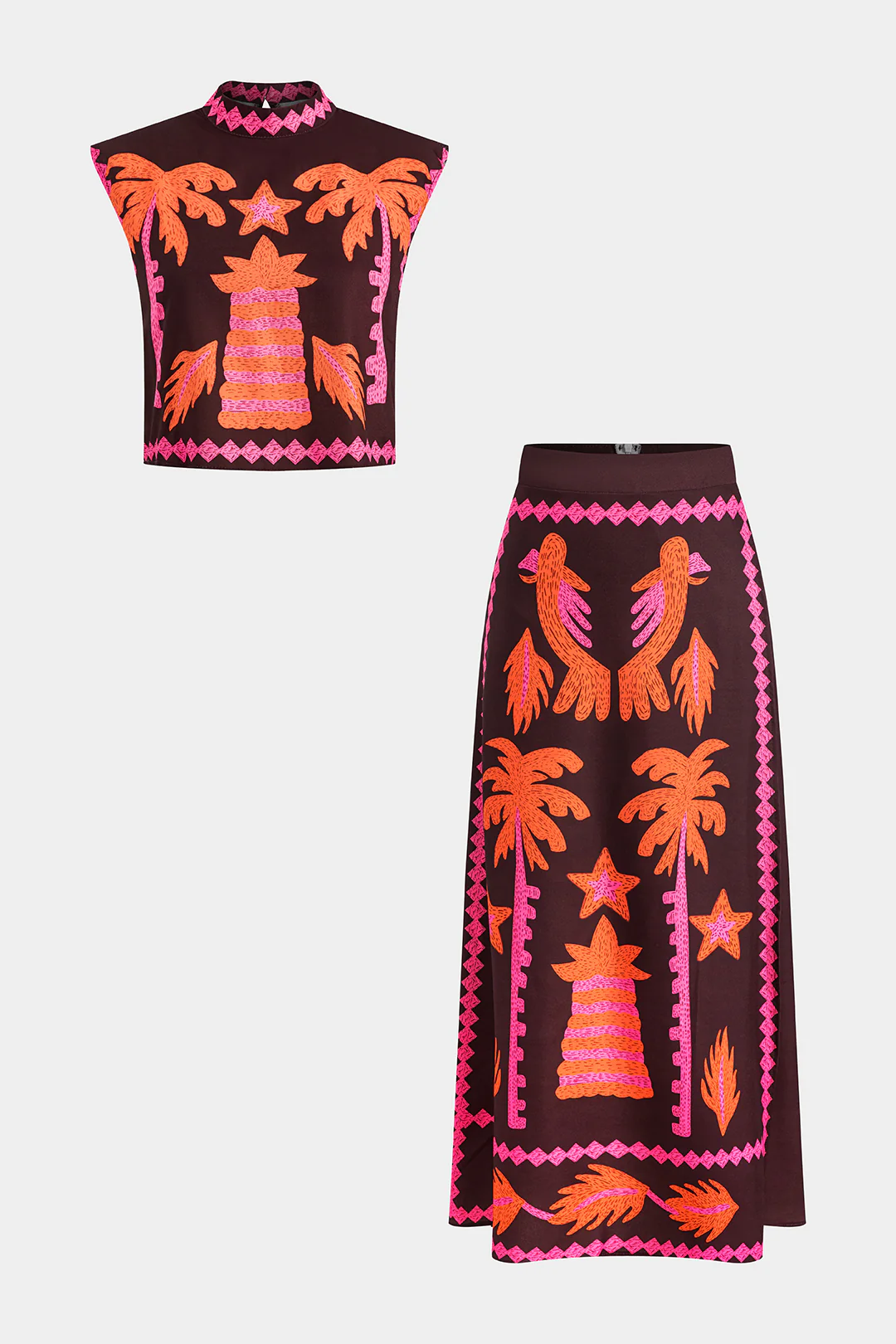 Coconut Palm Print Cut Out Button Top And Zipper Skirt Set