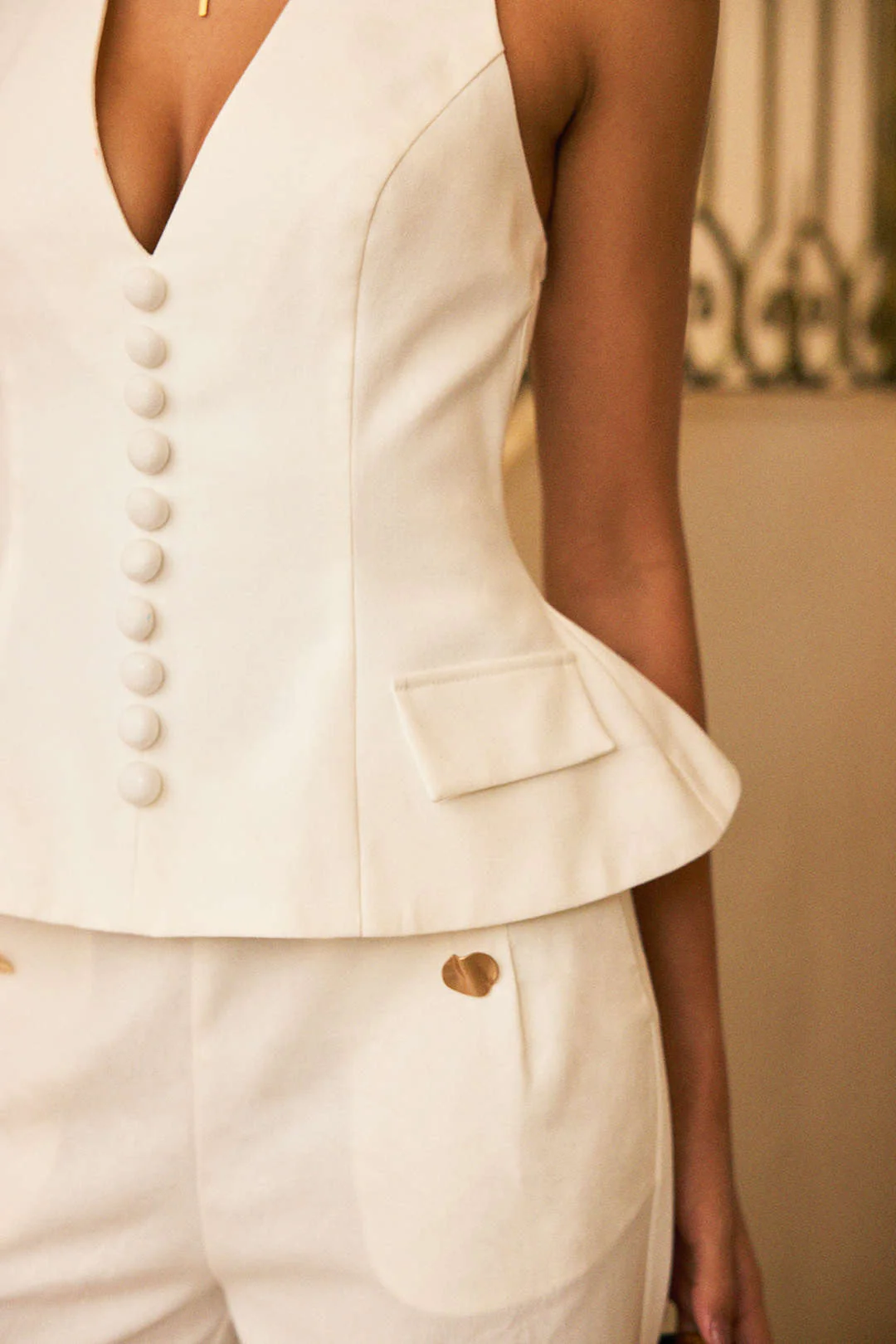 Linen Button Halter Neck Backless Pocket Tank Top