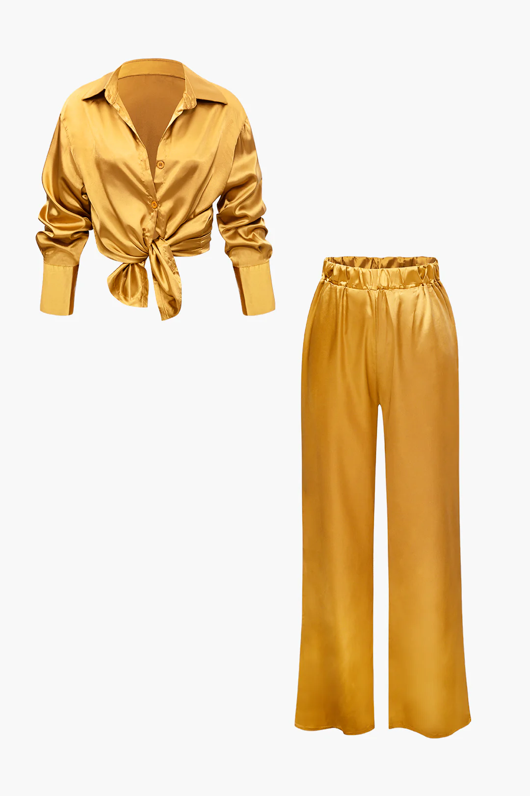 Satin Button-Up Long-Sleeve Shirt and Pants Ensemble