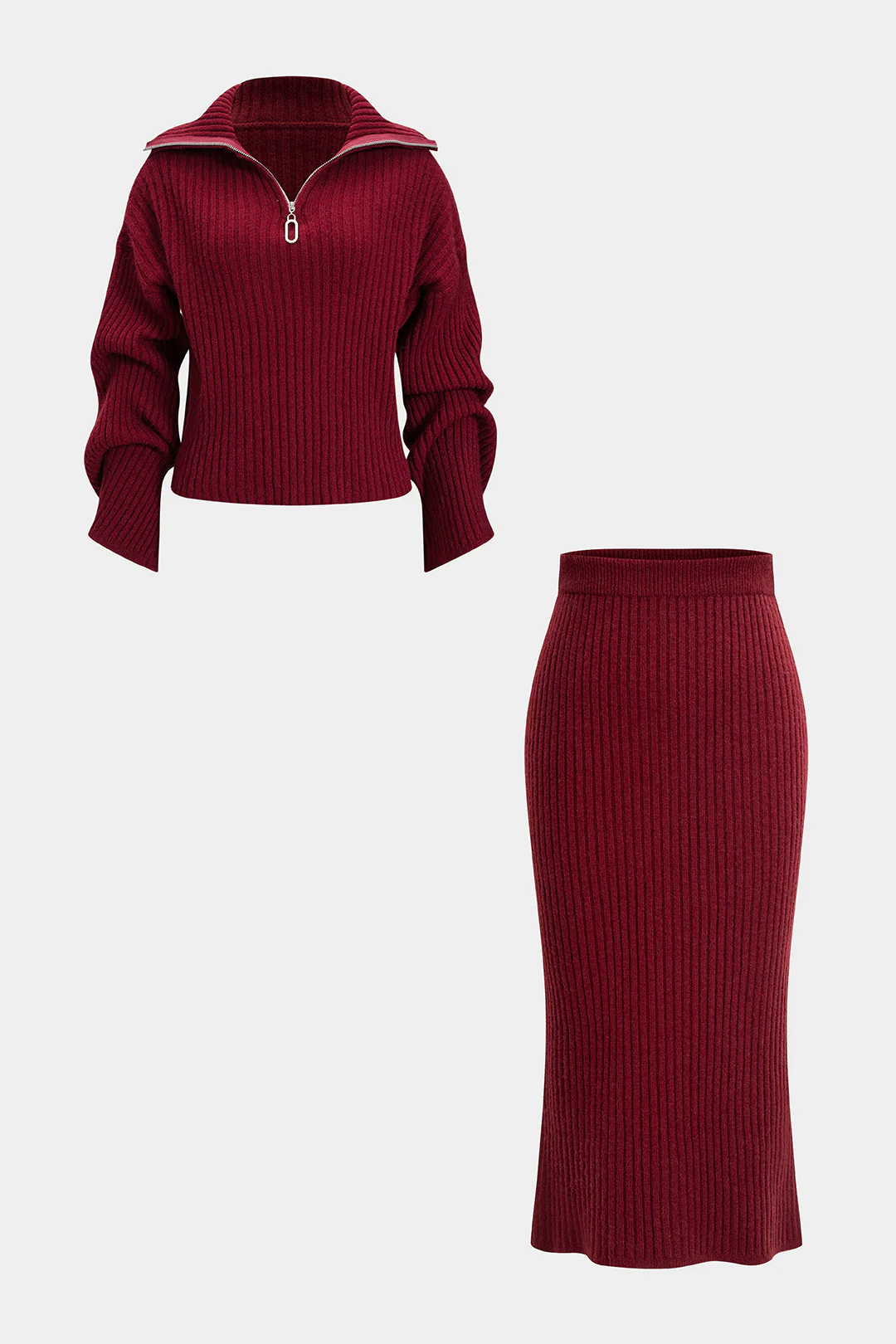 Knit Ribbed Zipper Collar Long-Sleeve Top And Skirt Set