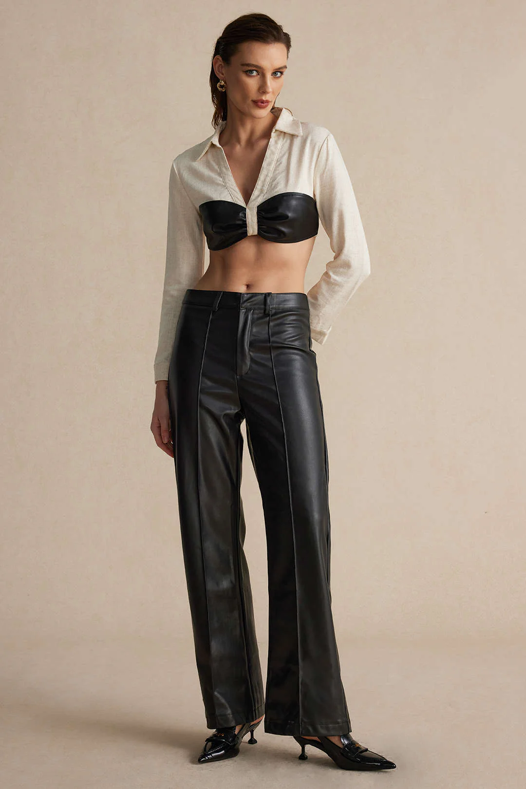 Color-Blocked Faux Leather and Linen Ruched Long-Sleeved Shirt