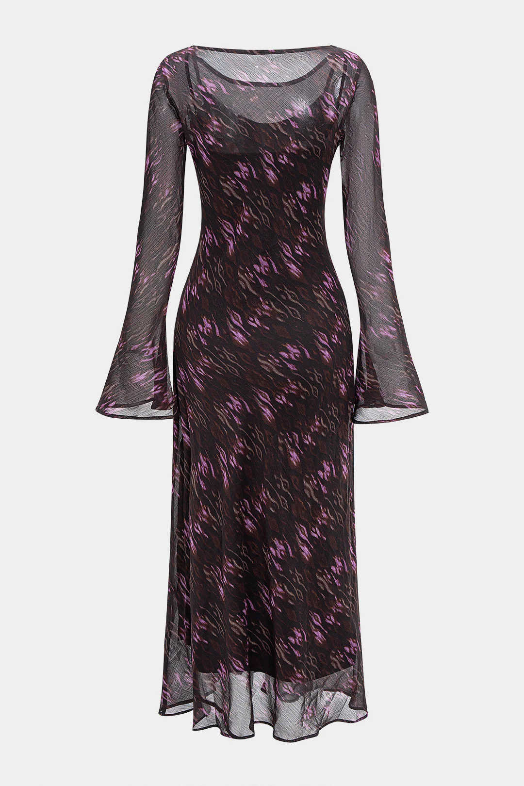 Leopard Print Chiffon Ruched Long Sleeve Maxi Dress