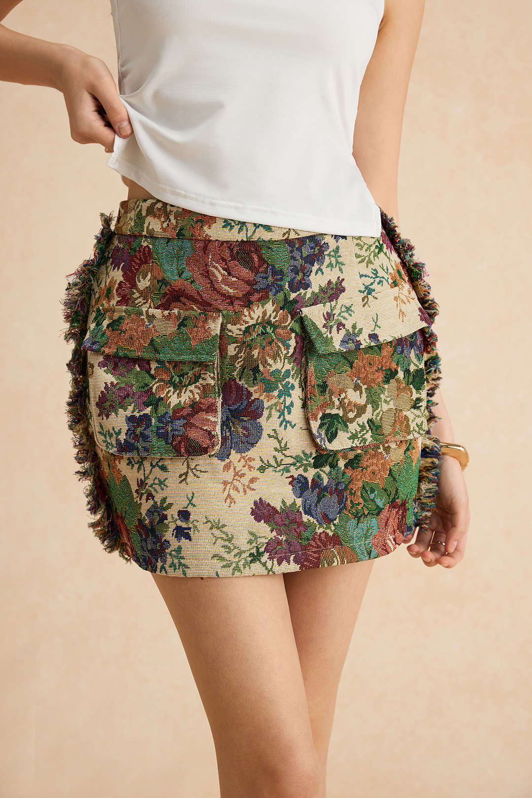 Vintage Floral Print Fringe Zipper Mini Skirt