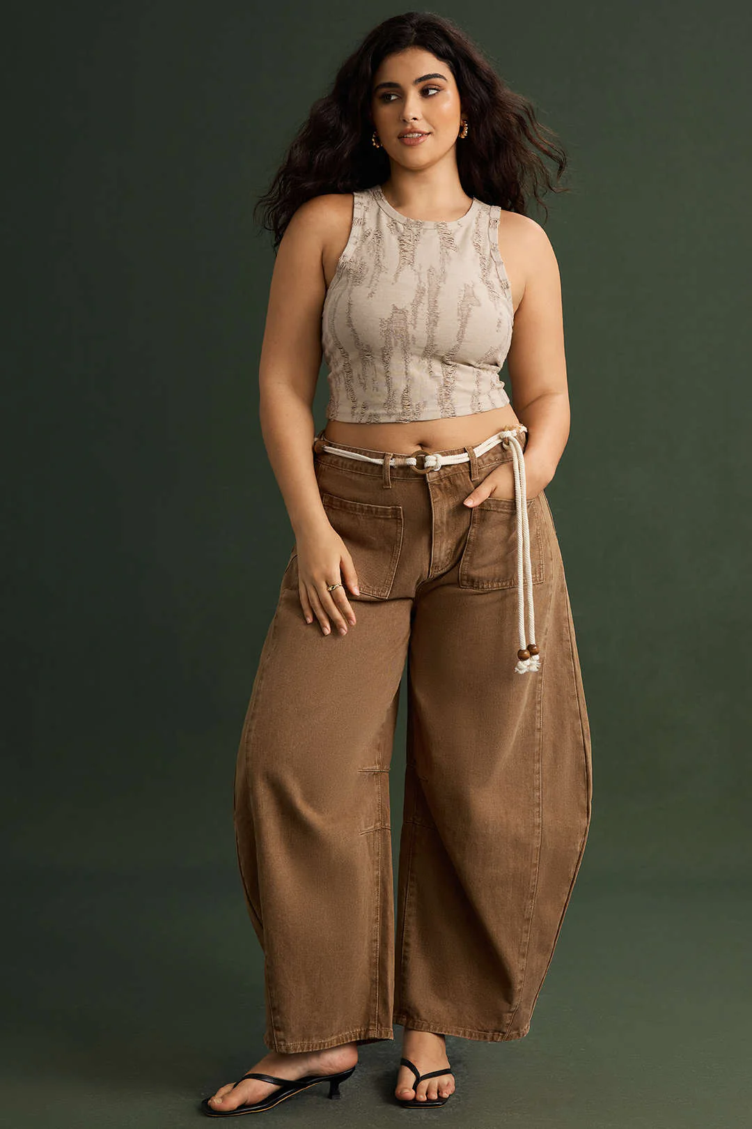 Plus Size Low Waist Beaded Belted Denim Jeans