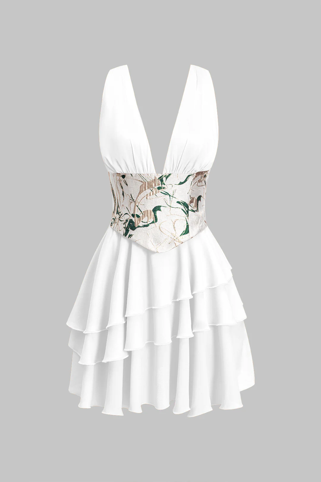 Chiffon Ruffle Patchwork Sleeveless V-Neck Asymmetrical Corset Waist Mini Dress