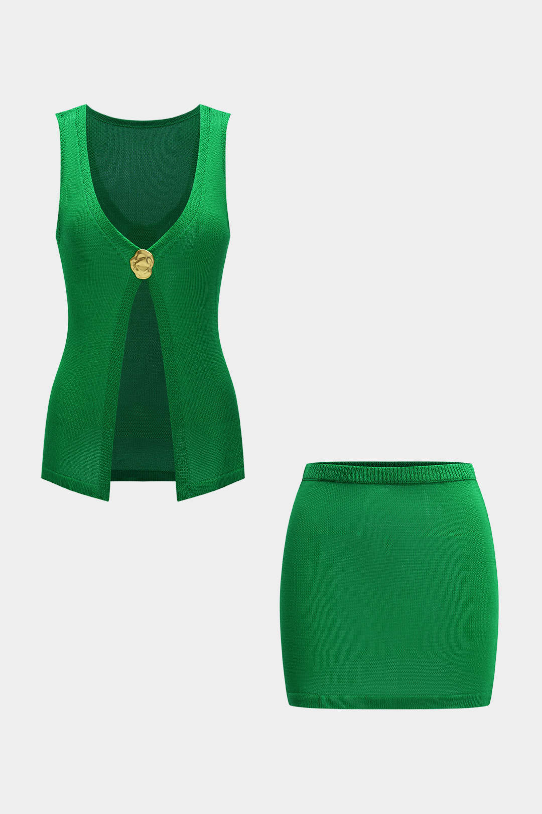 Knit V-Neck Metallic Decor Tank Top And Skirt Set