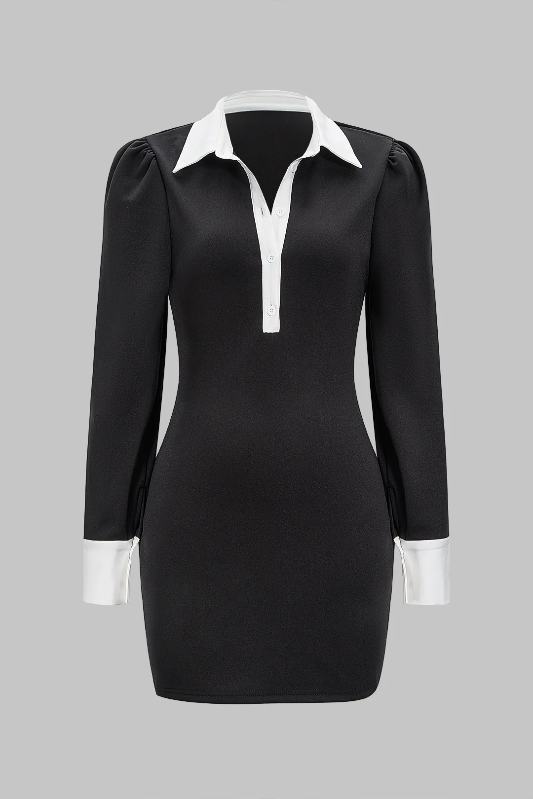 Contrasting Collar Buttoned Long-Sleeve Mini Dress