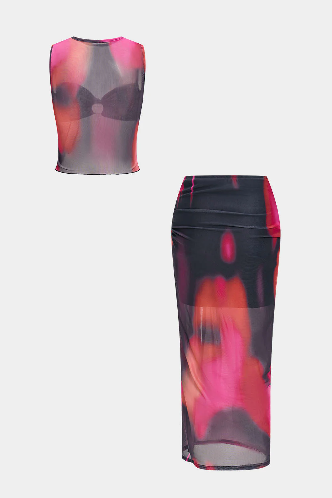 Colorblock Mesh Twist Knot Tank Top And Skirt Set