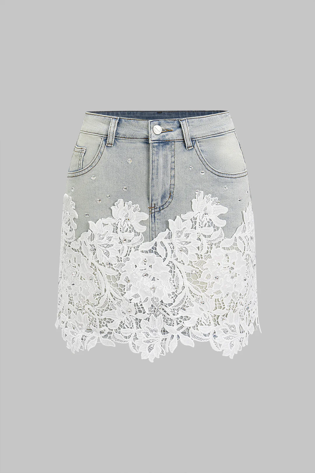 High Waist Lace Patchwork Denim Skirt