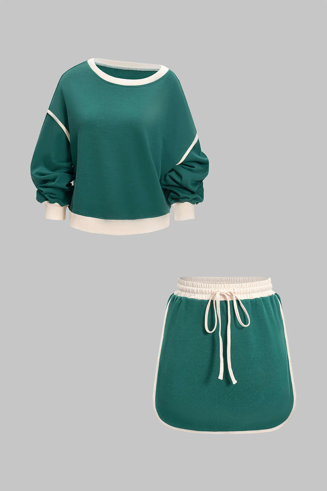 Contrasting Long Sleeve Top and Drawstring Skirt Set
