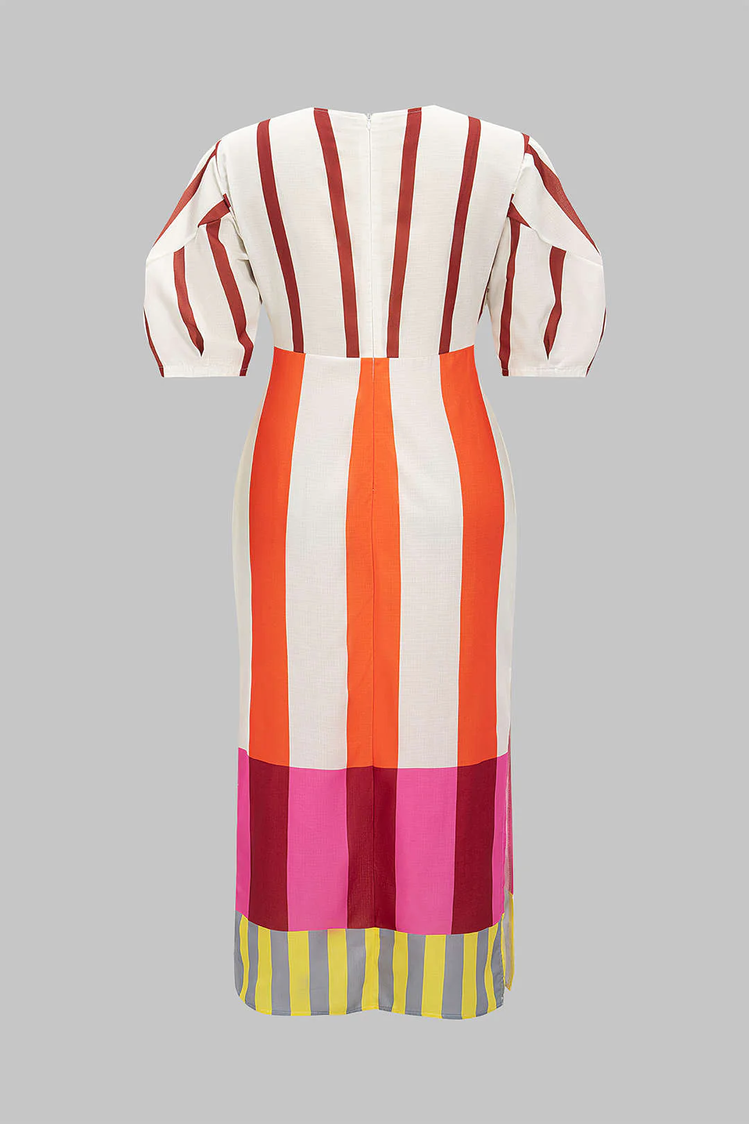 Plus Size Contrast Stripes Print Linen Hollow Out Short Sleeve Midi Dress