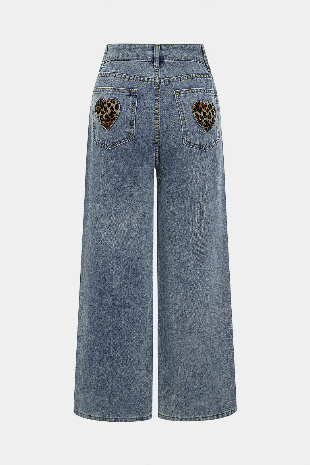 Washed Wide Leg Leopard Print Pocket Denim Jeans