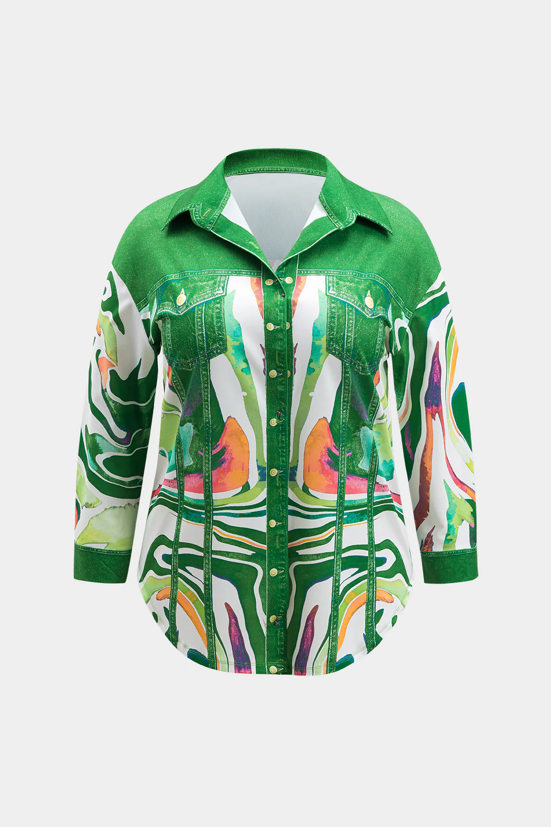 Plus Size Abstract Letter Print Button Pocket Long Sleeve Shirt And Skirt Set