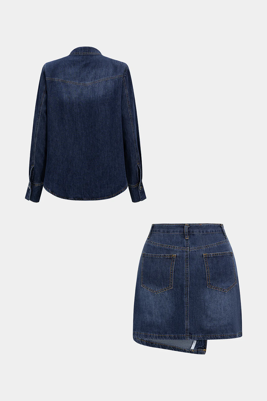 Denim Button Long-Sleeve Top And High Waist Mini Skirt Set