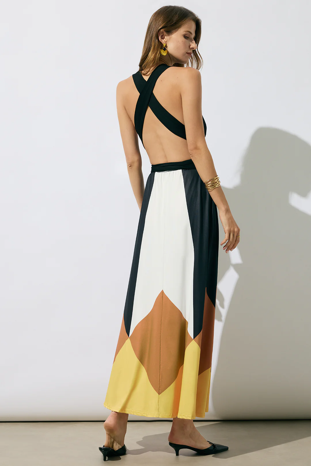 Color Block Print Tie-Up Backless Sleeveless Maxi Dress