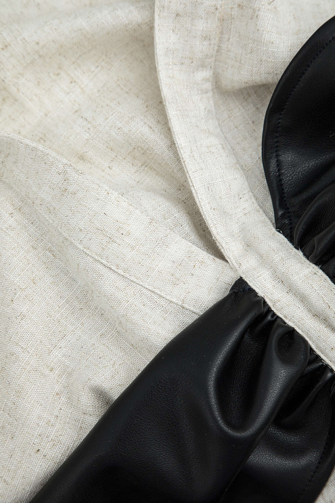 Color-Blocked Faux Leather and Linen Ruched Long-Sleeved Shirt