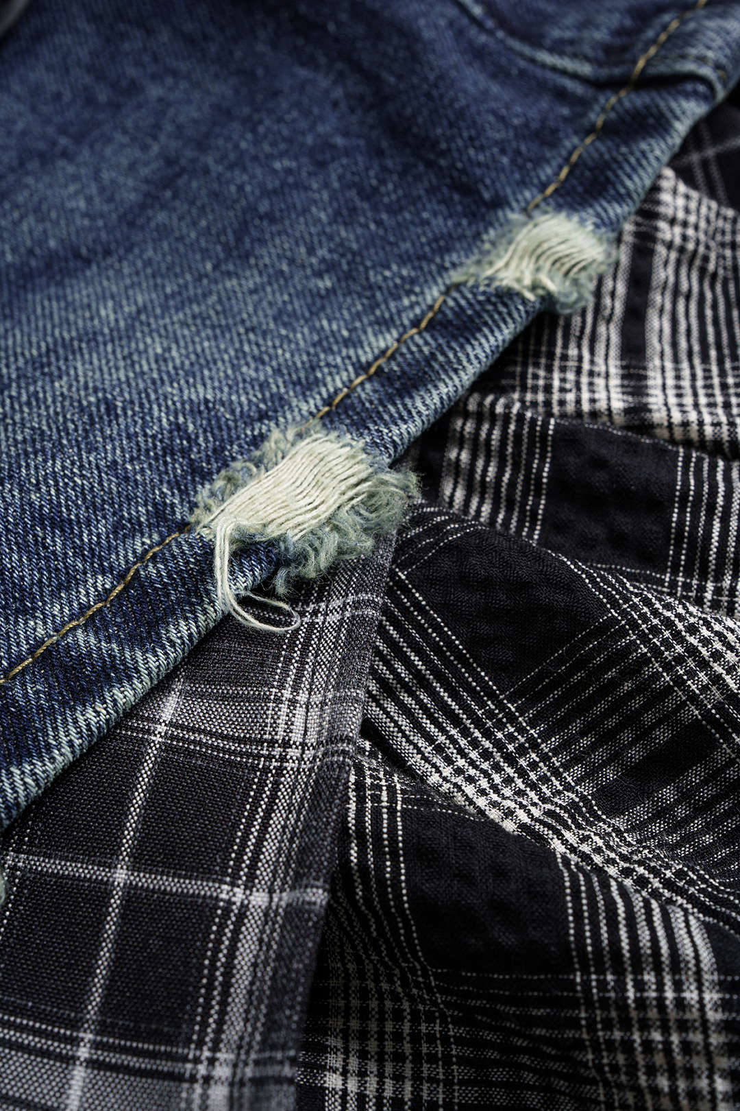 Denim Plaid Print Patchwork Asymmetrical Hem Skirt