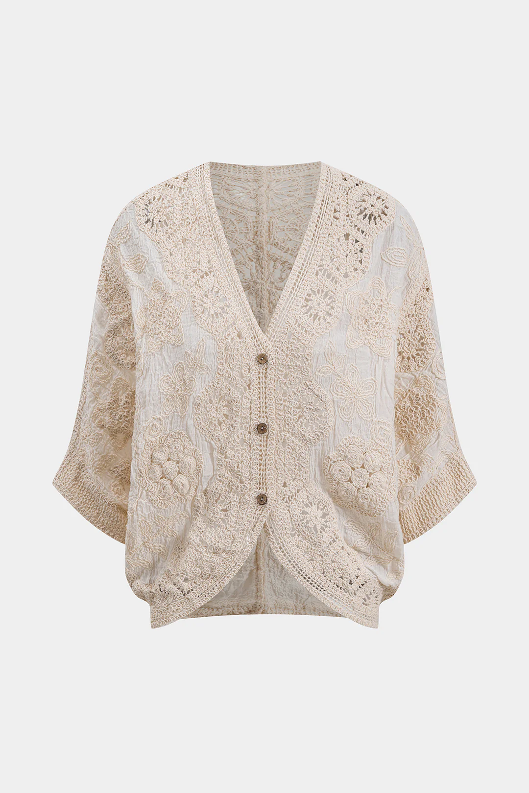 Lace Button Cut-Out Long Sleeve Top and Fringe Tie-Front Skirt Set