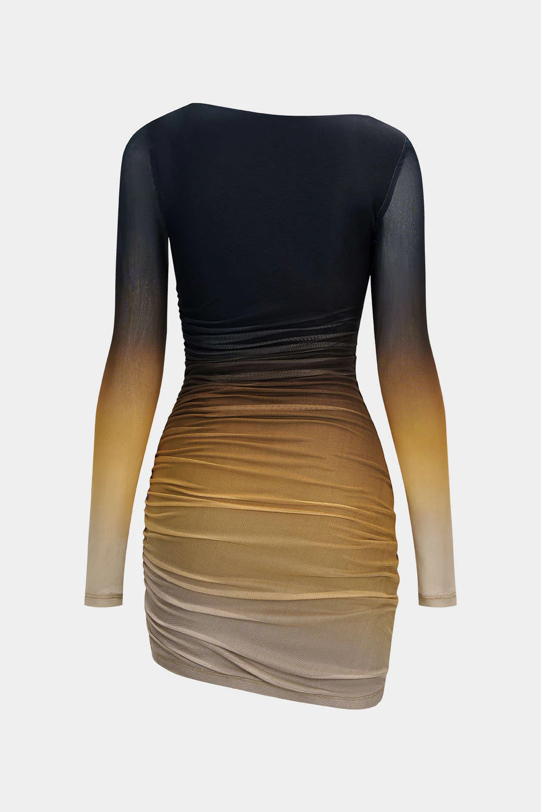 Mesh Color - Block Print Asymmetric Ruched Long - Sleeve Mini Dress