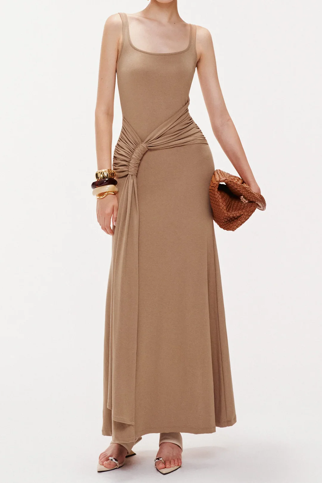 Strap-Trimmed Square Neck Ruched Sleeveless Maxi Dress