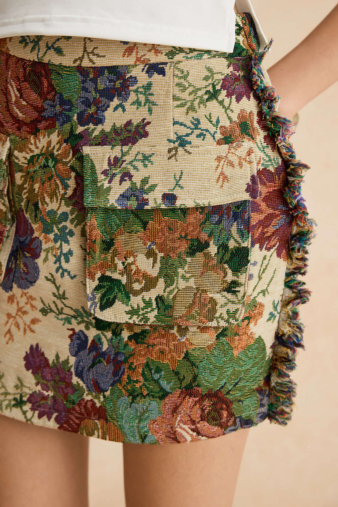 Vintage Floral Print Fringe Zipper Mini Skirt