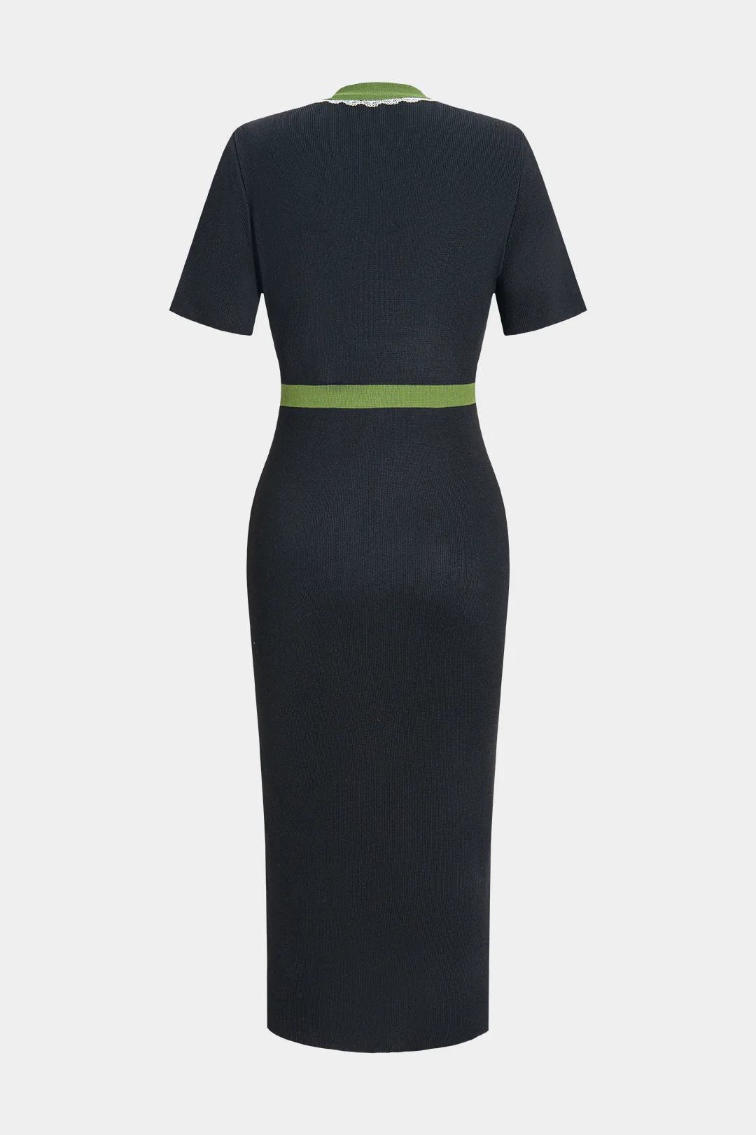 Knit V-Neck Buttoned Lace-Trimmed Short-Sleeve Slit Dress