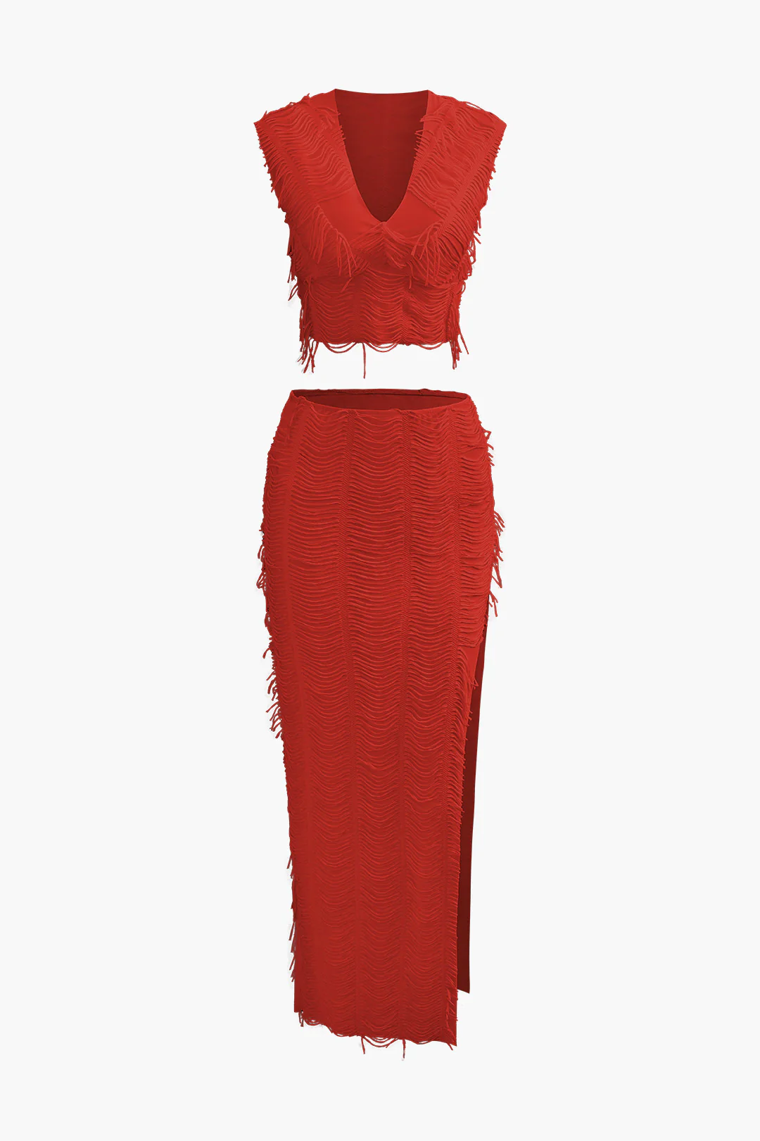 Distressed V-neck Cap Sleeve Crop Top and Slit Maxi Skirt Outfit Set