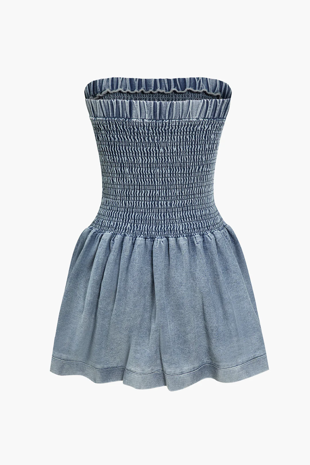 Solid Denim Shirred Strapless Ruched Mini Dress