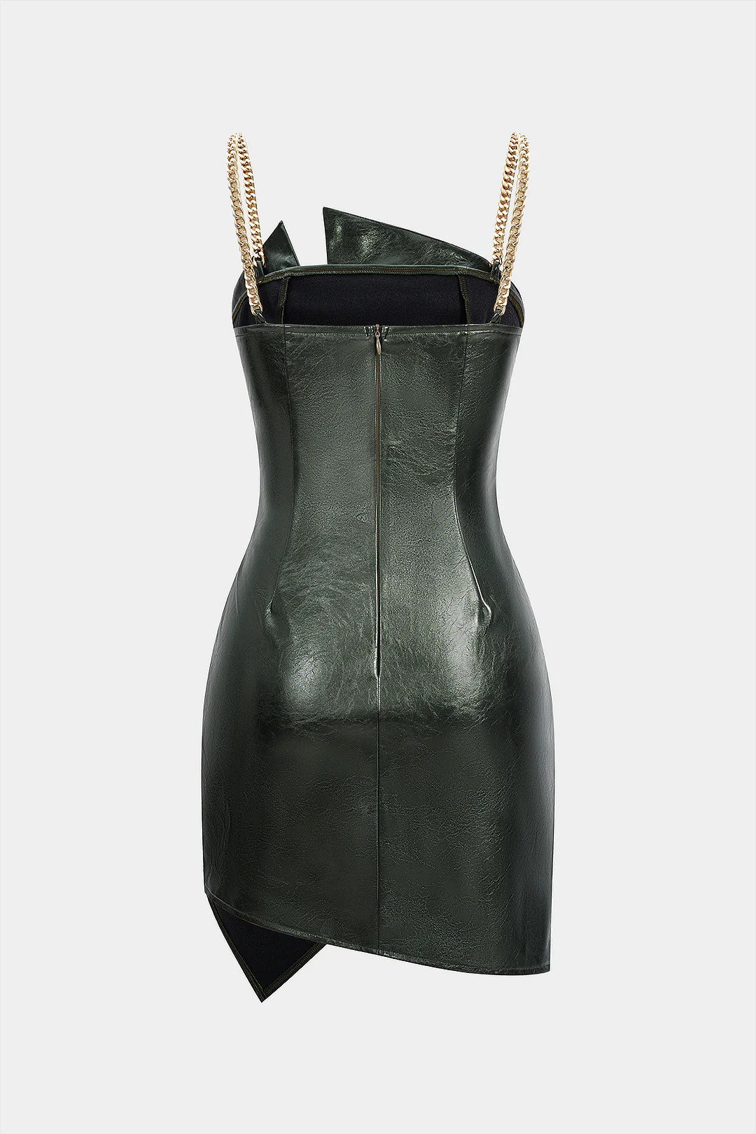 Faux Leather Zipper Ruched Metallic Chain Asymmetric Sleeveless Mini Dress