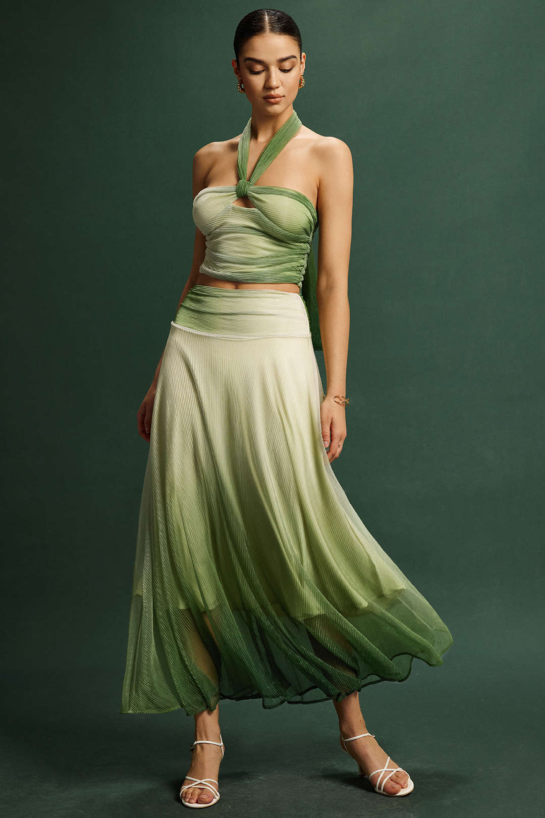 Watercolor Halter Neck Tie-Back Backless Camisole and Ruched Skirt Set