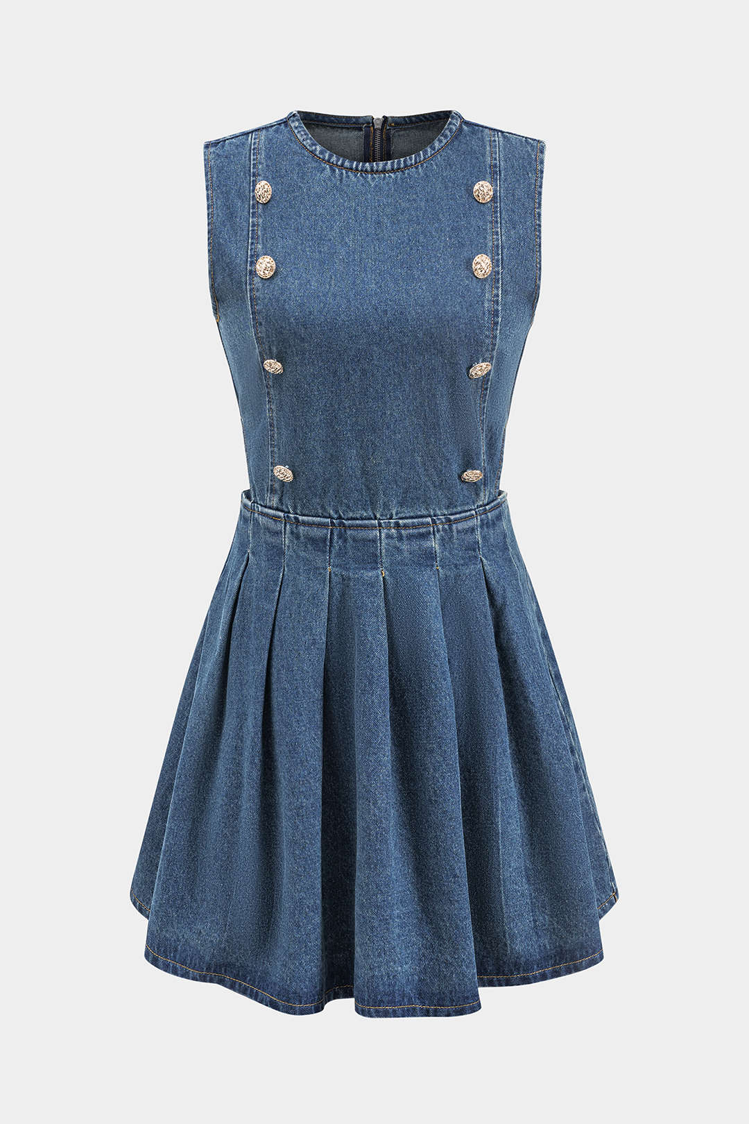 Denim Pleated Button Zipper Sleeveless Dress