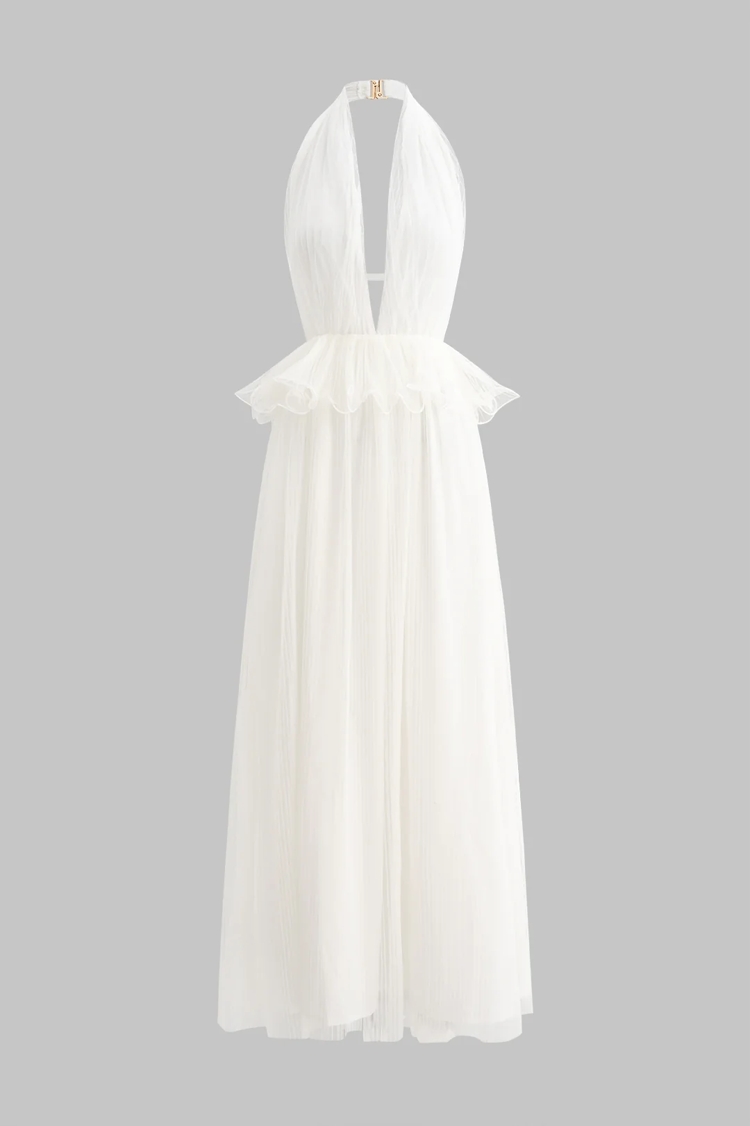 Mesh Halter Neck V-Neck Ruched Backless Sleeveless Maxi Dress