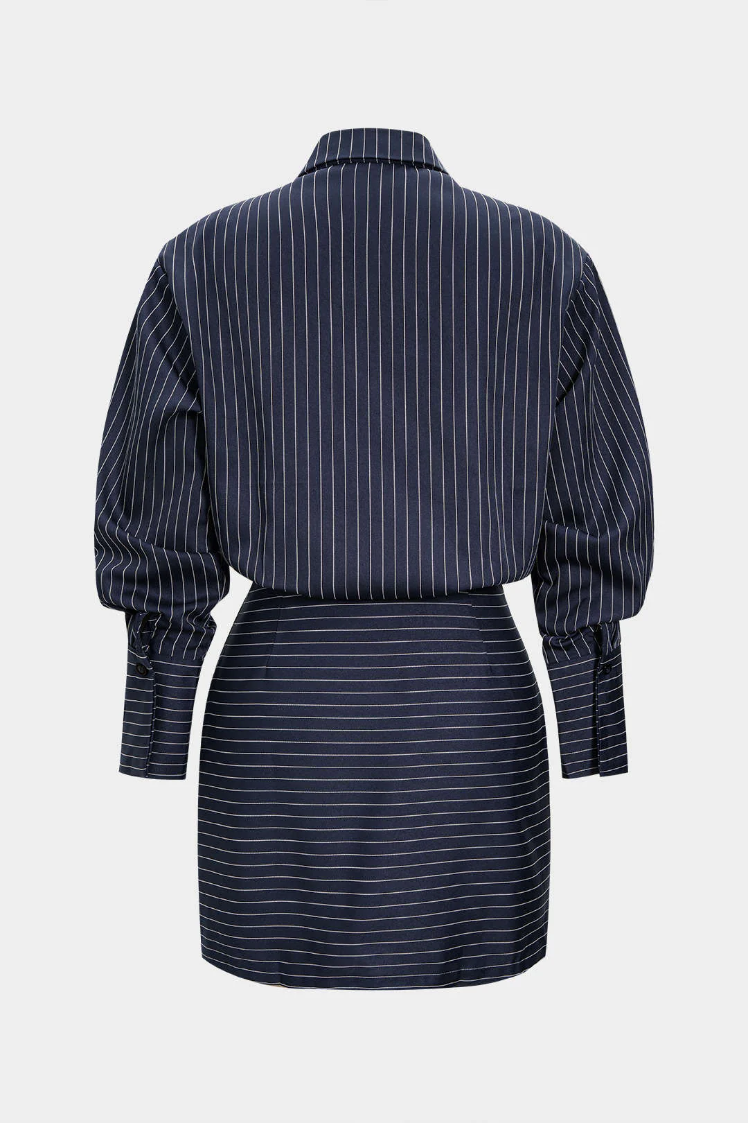 Striped Print Pleated Ruched Shoulder-Padded Long Sleeve Mini Dress