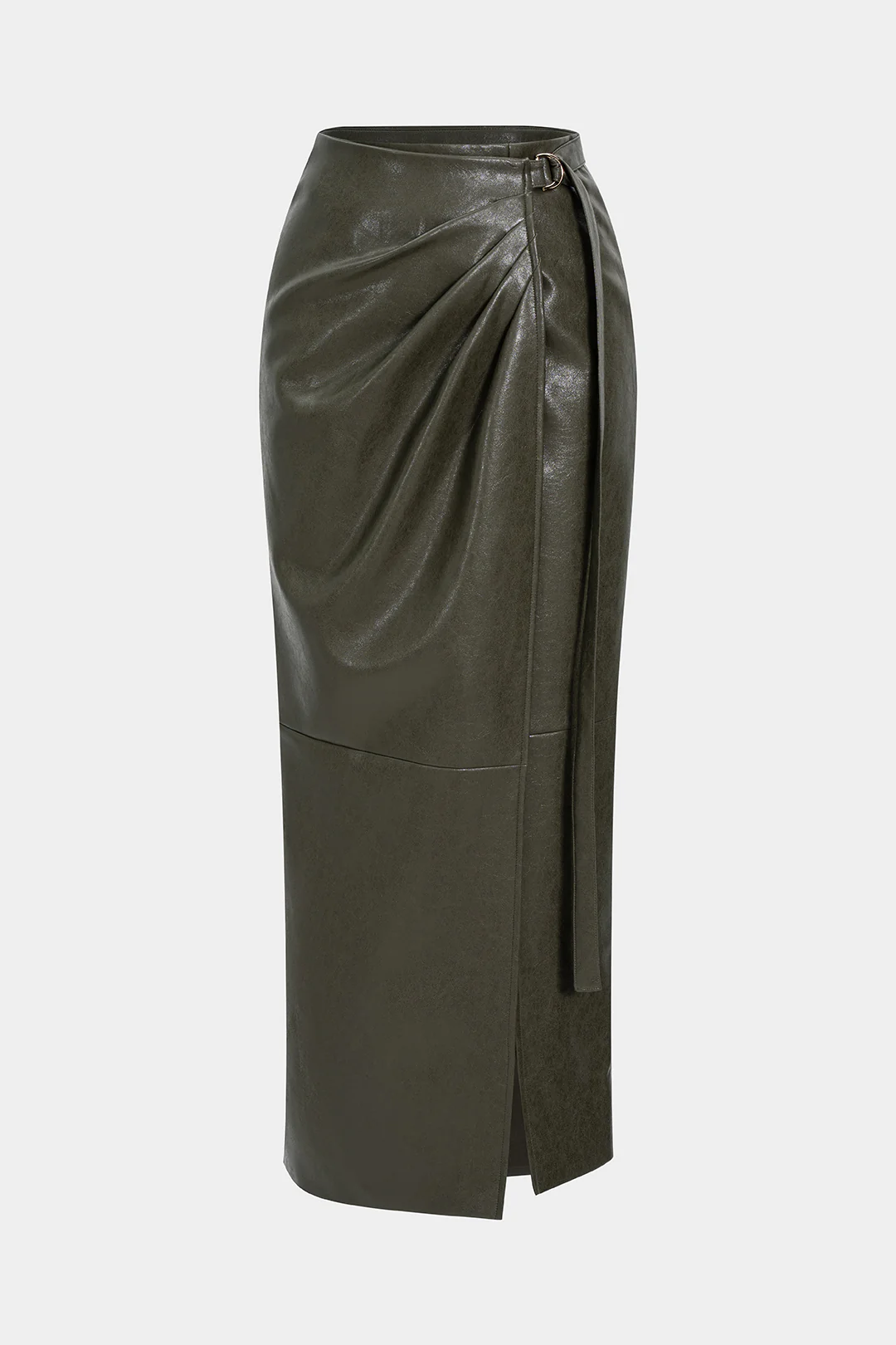 Faux Leather Ruched Slit Skirt