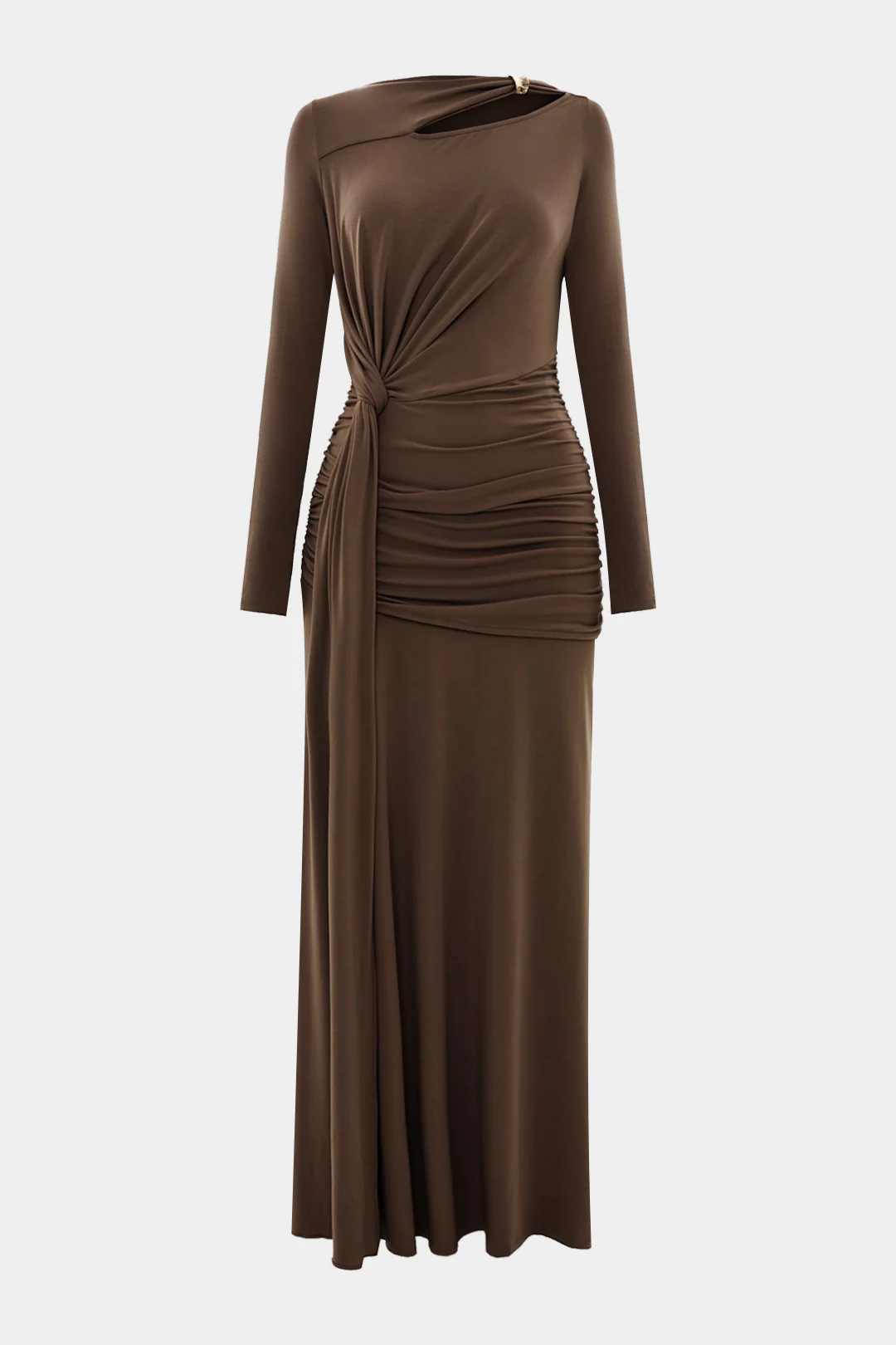 Metallic Ruched Asymmetric Neck Long Sleeve Maxi Dress