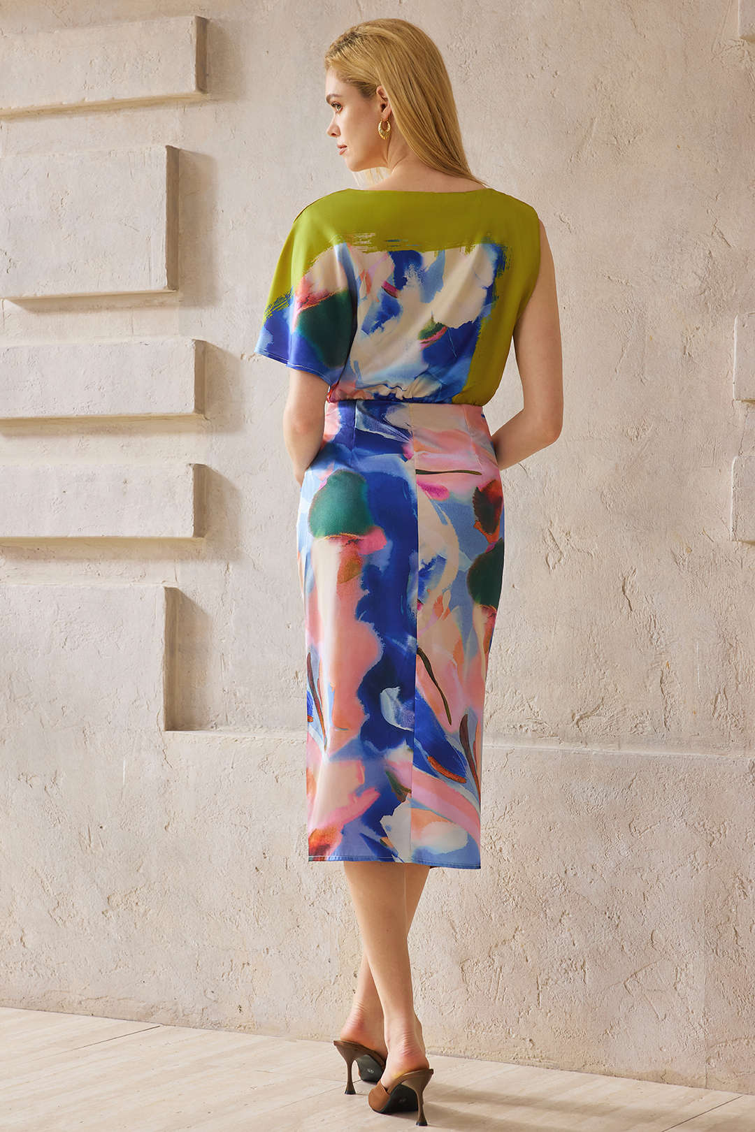Abstract Pattern Satin Asymmetrical Short Sleeve Long Dress