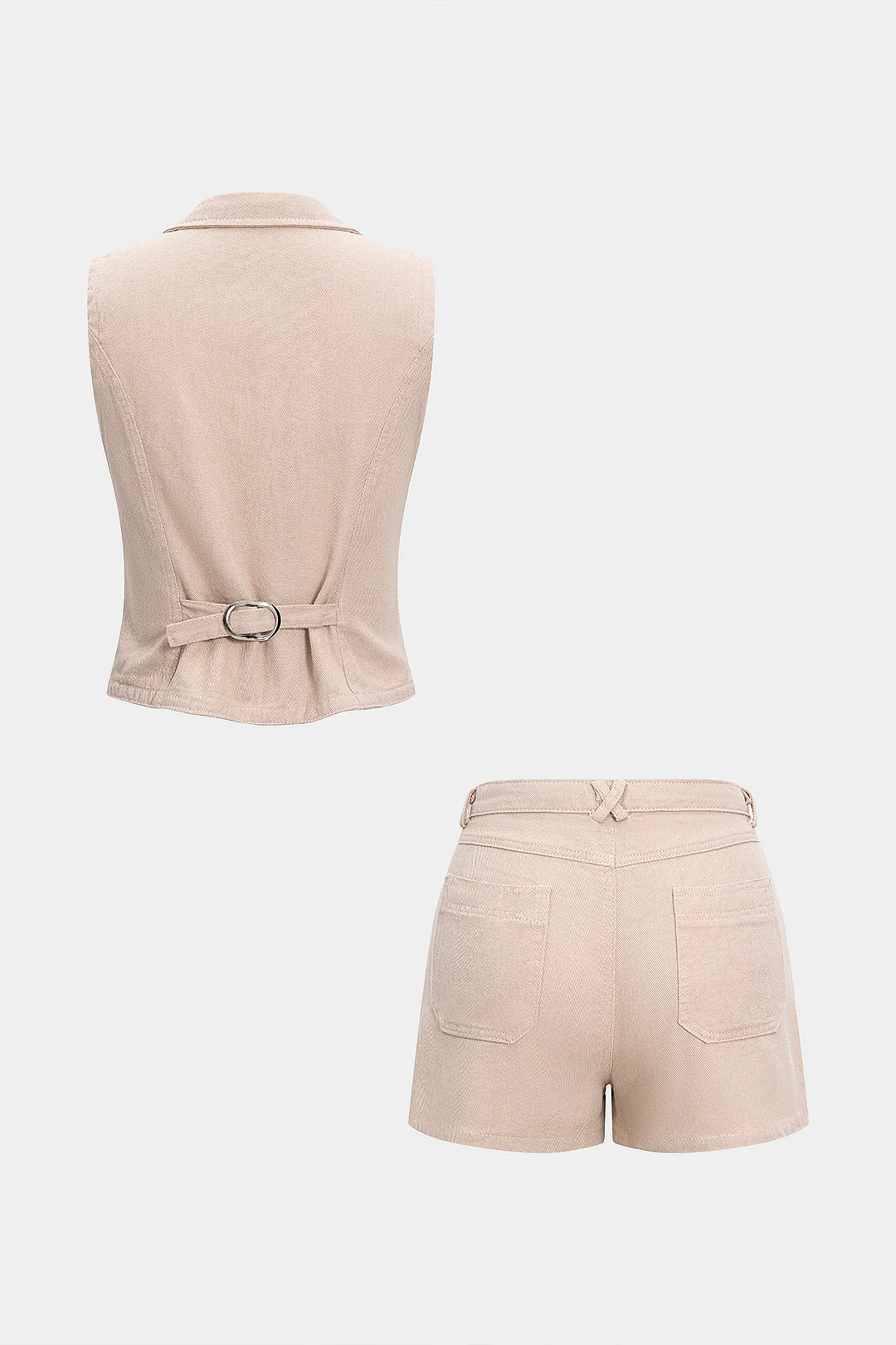 Denim Solid Button Vest And Shorts Set