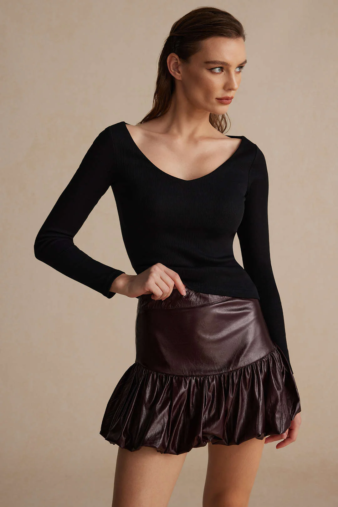Solid Faux Leather Gathered Skirt