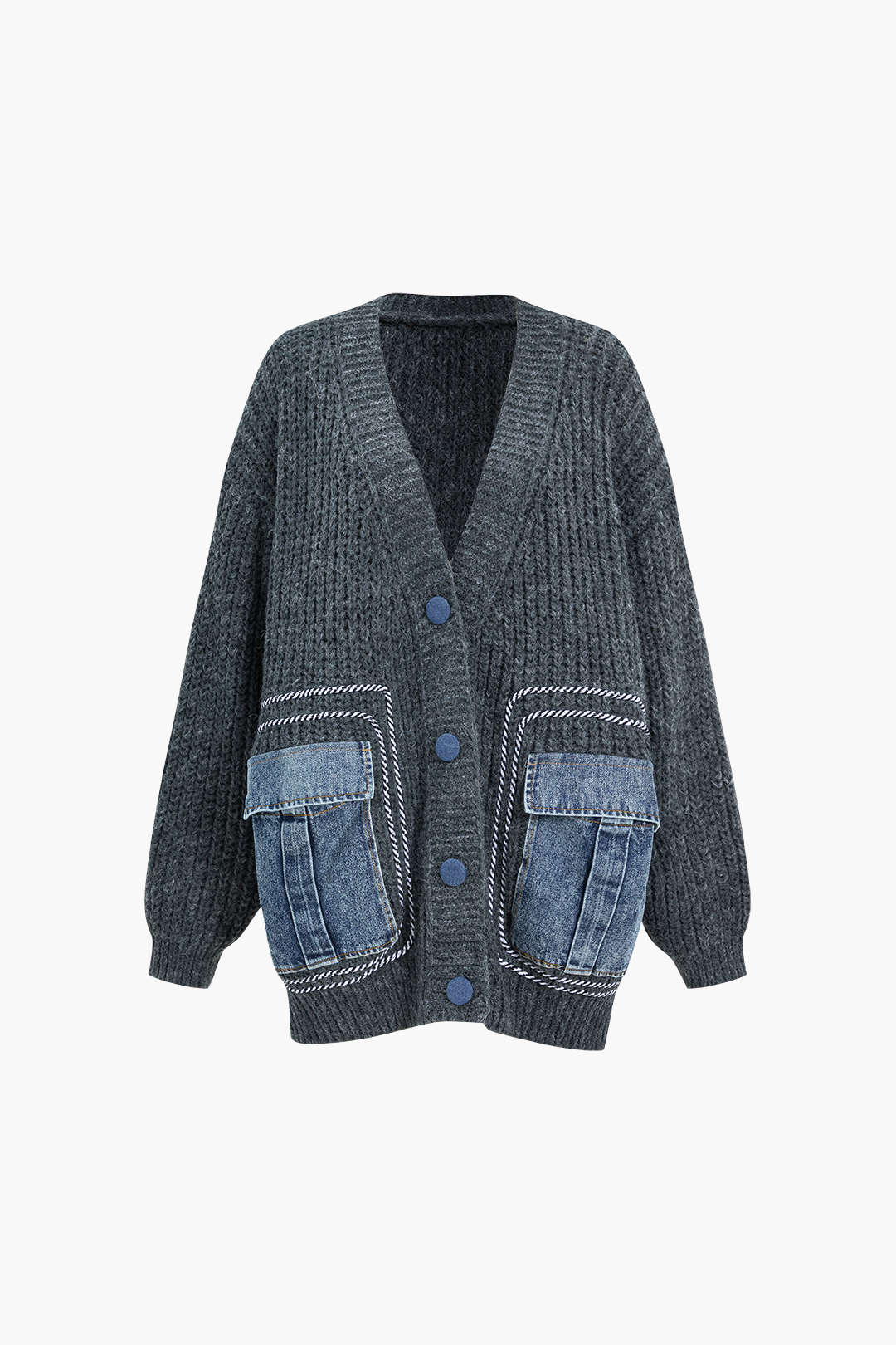 Denim Patchwork Button Pocket Cardigan Sweater