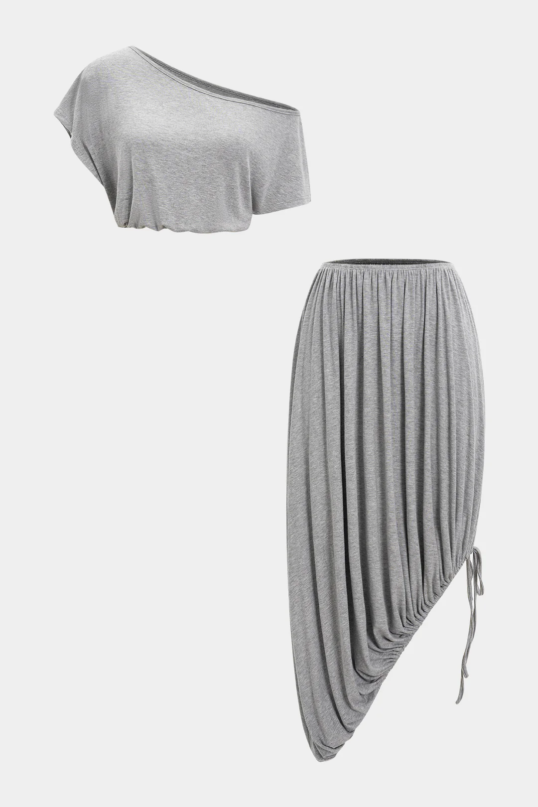 Ruched Asymmetric Neck Short Sleeve Top and Drawstring Skirt Set