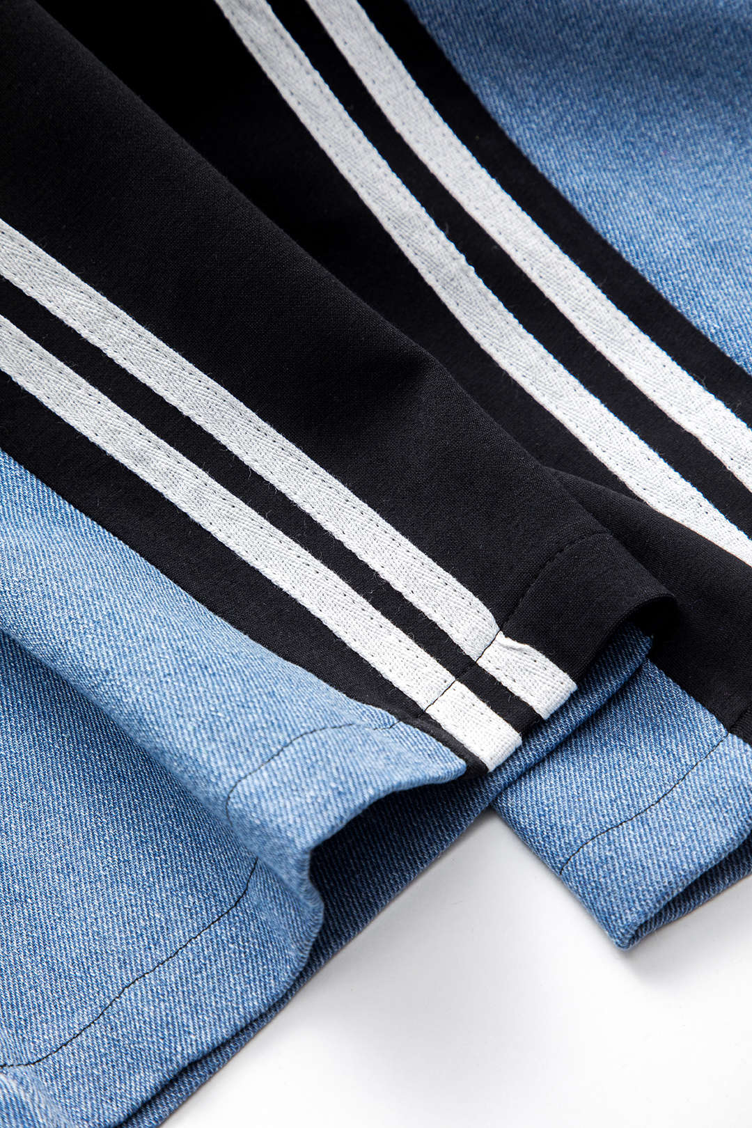 Denim Patchwork Round Neck Long Sleeve Top with Drawstring Pocket Trousers Set