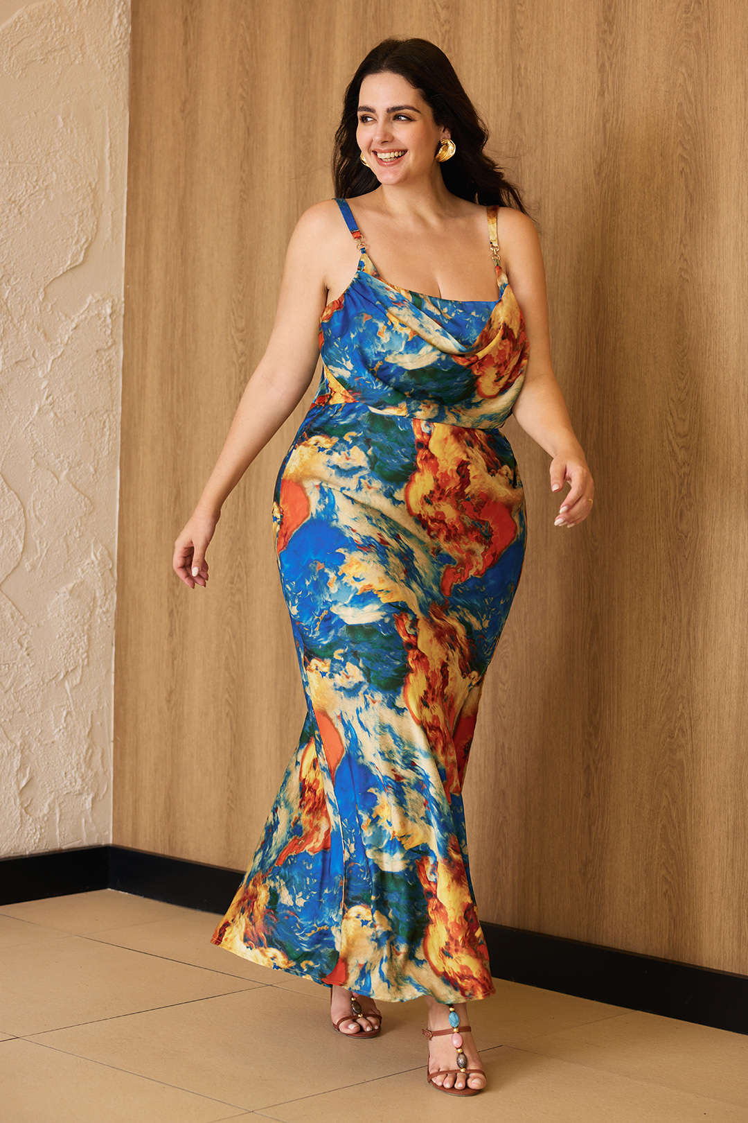 Plus Size Satin Abstract Pattern Draped Cowl Neck Slip Sleeveless Slit Midi Dress