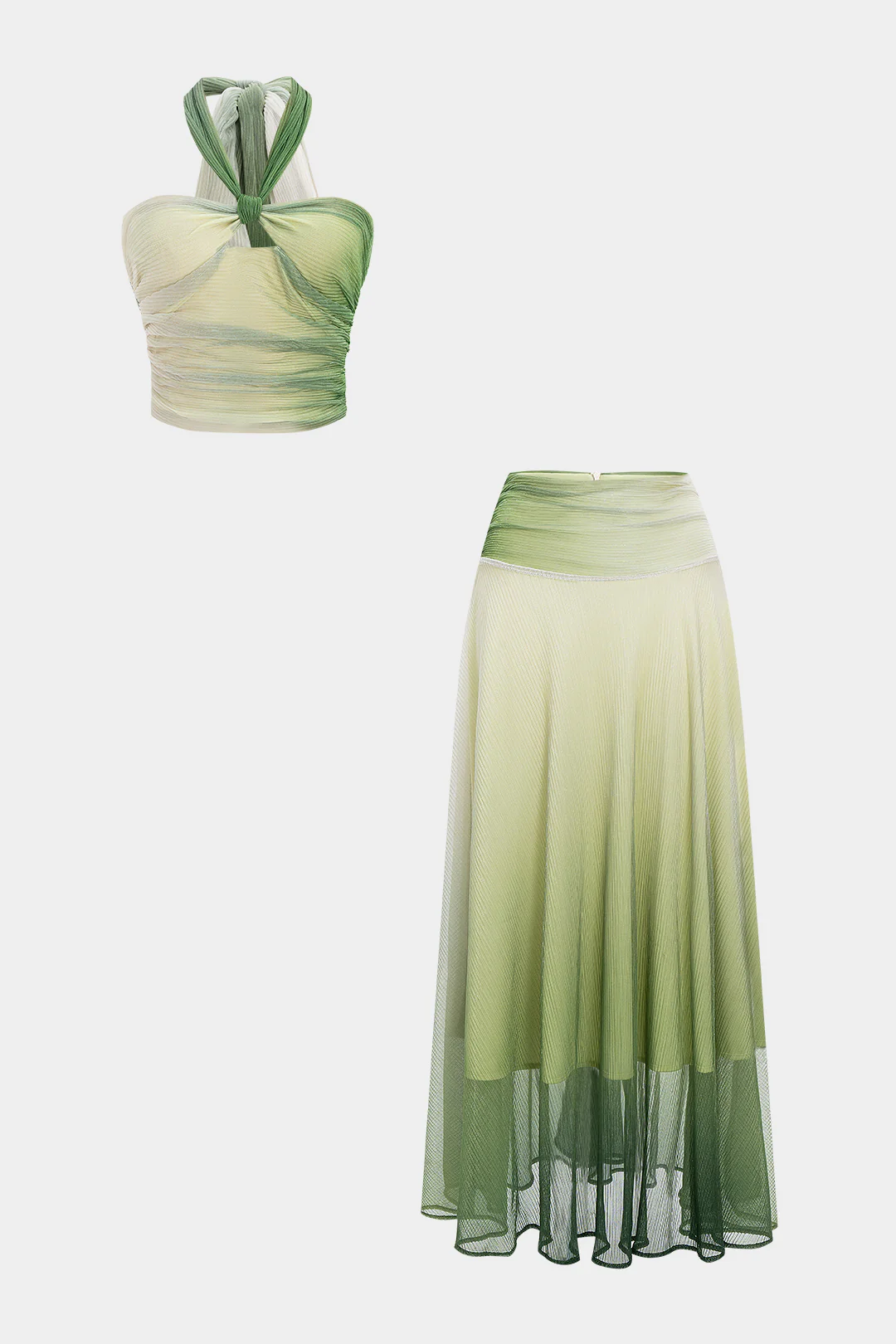 Watercolor Halter Neck Tie-Back Backless Camisole and Ruched Skirt Set