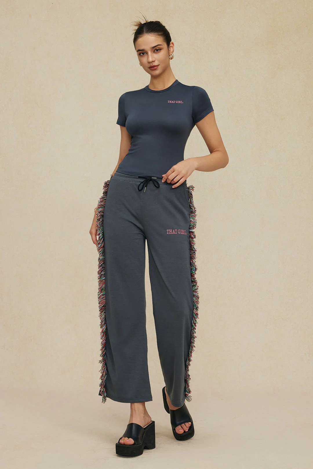 Letter Printed T-shirt and Tassel Drawstring Pant Set