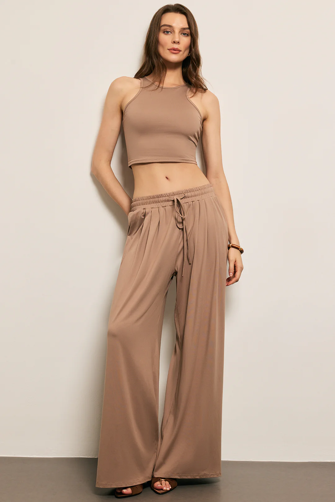 Soid Basic Tank Top And Long Cardigan And Drawstring Wide Leg Trousers Set